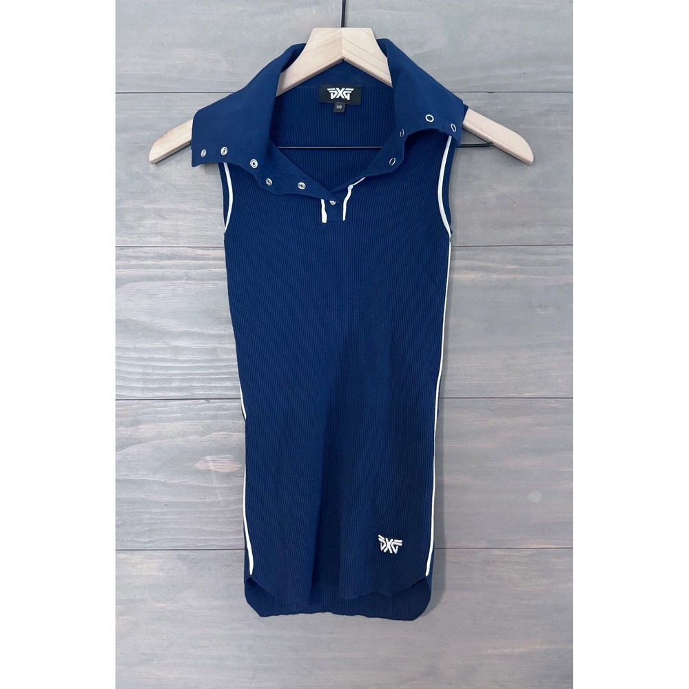 PXG‎ Women's Sleeveless Logo Collar Polo Size 2XS Navy Blue Piping Ribbed Golf